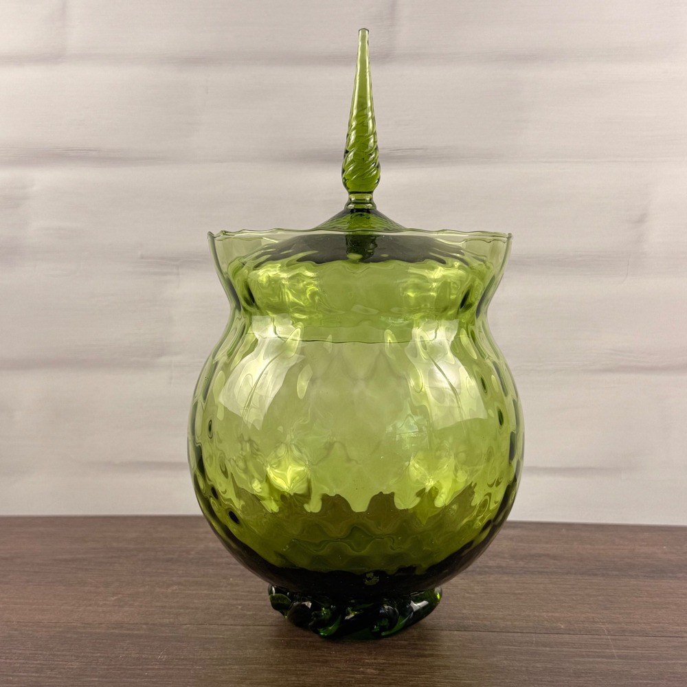 Empoli Olive Green Glass Lidded Candy Dish Applied Rigaree Italy